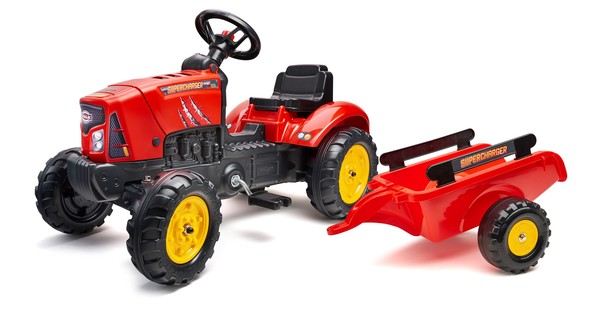 Falk Age 2 - 5, Red Super Charger Pedal Tractor with Opening Bonnet and Trailer 2030AB